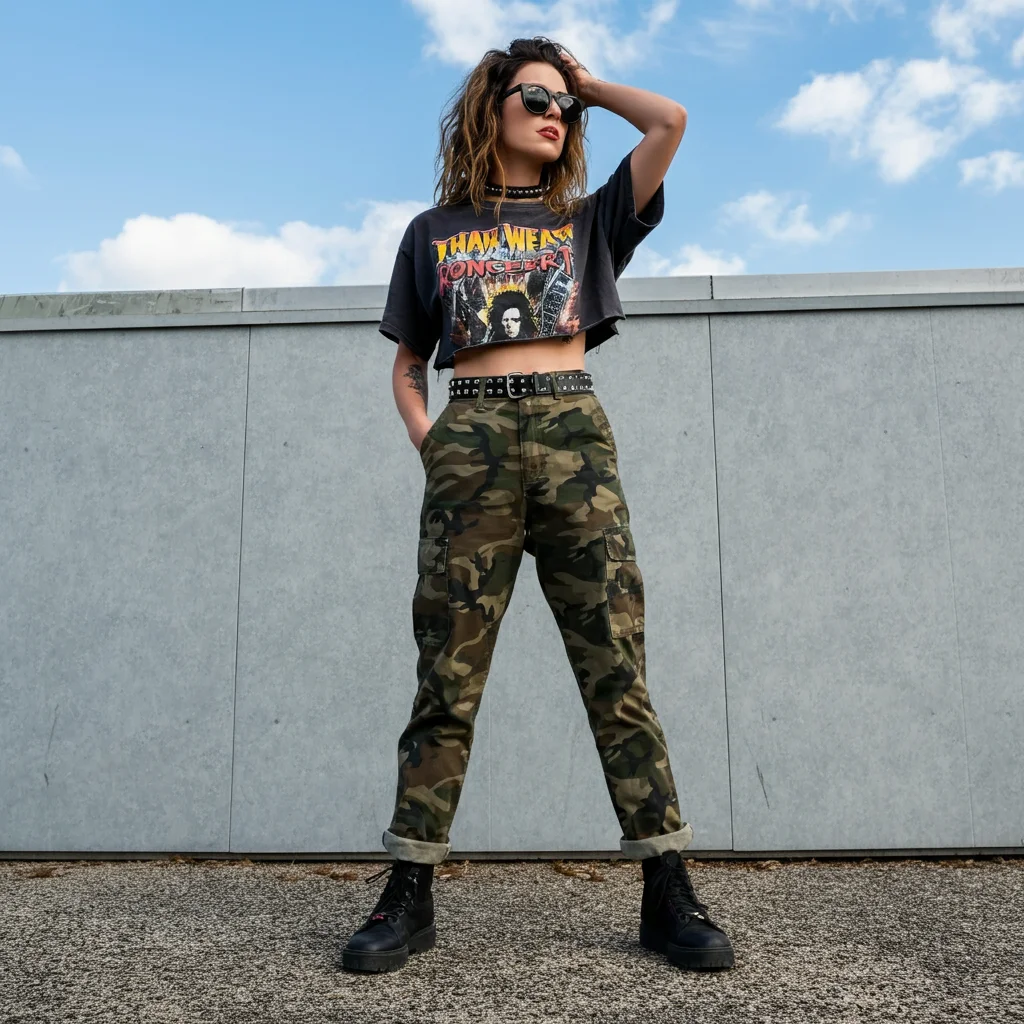 Camouflage pants, cropped band tee
