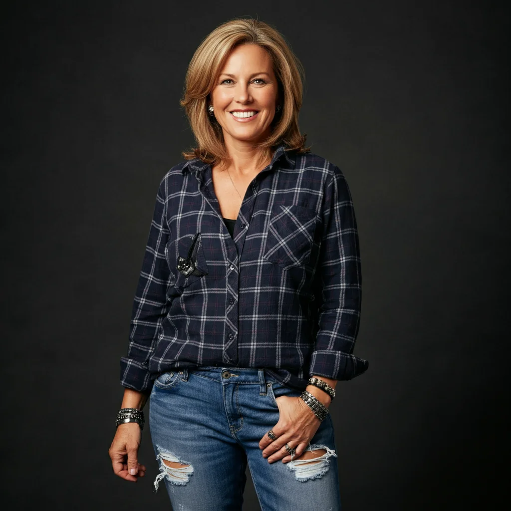 Plaid shirt and ripped jeans