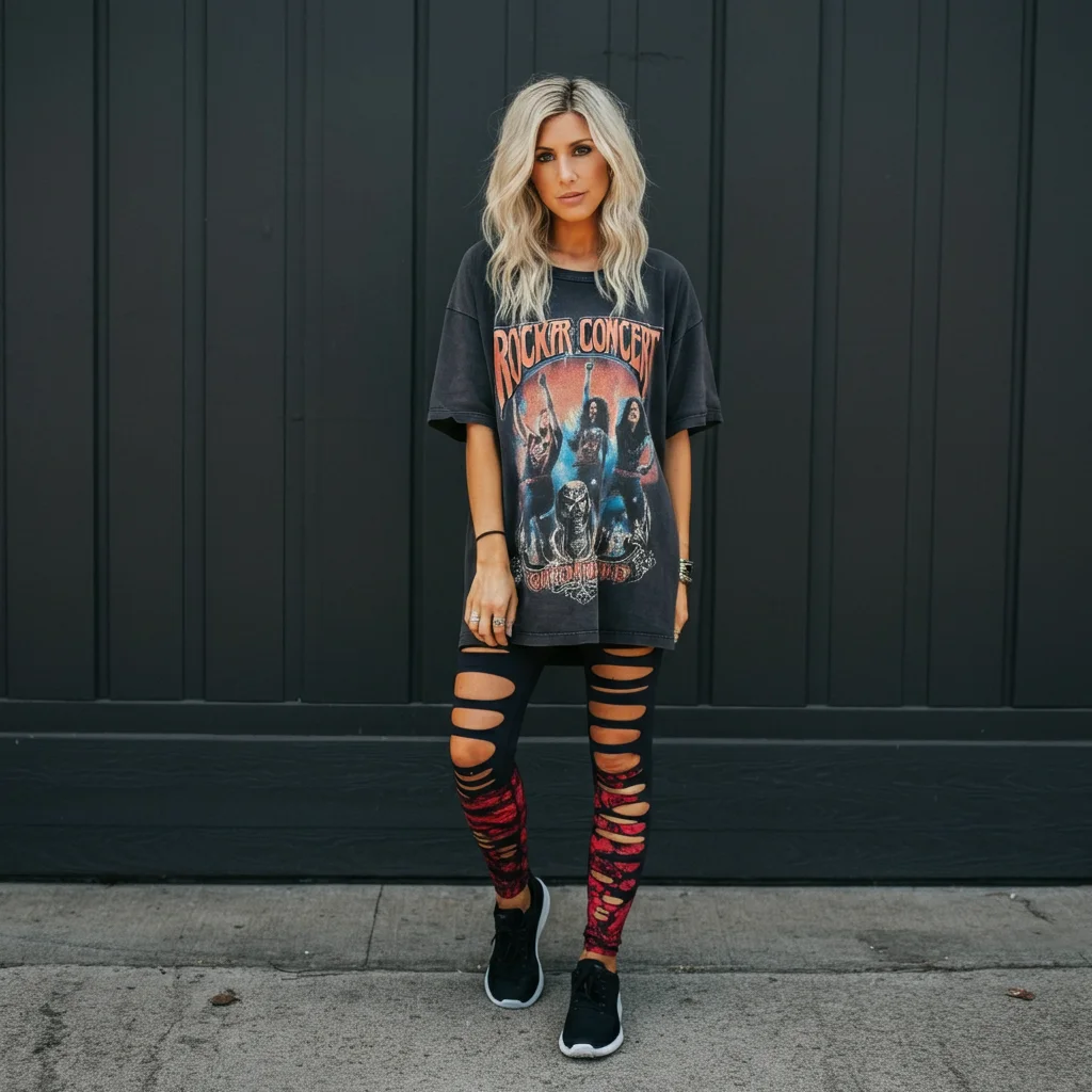 Ripped leggings, oversized band tee