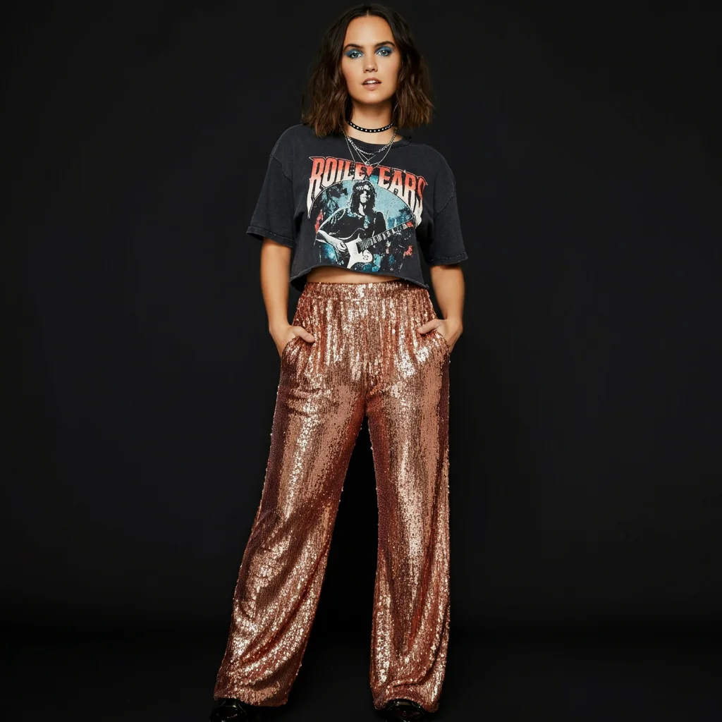 Sequin pants, graphic crop top