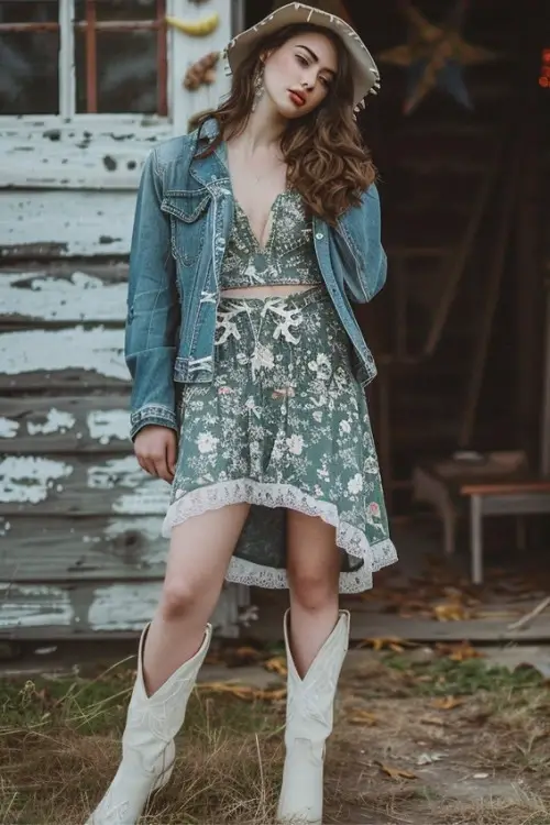 Denim Jacket, Blue Floral Dress, White Cowboy Boots