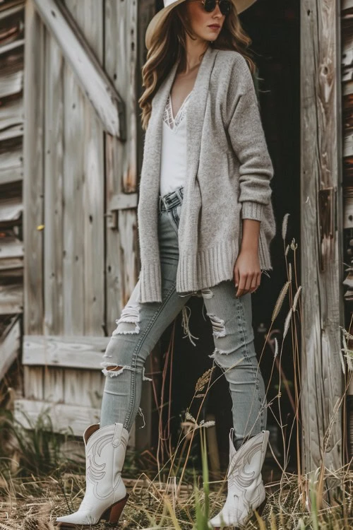 Ripped Jeans, Simple Shirt, Big Cardigan, Short White Cowboy Boots 