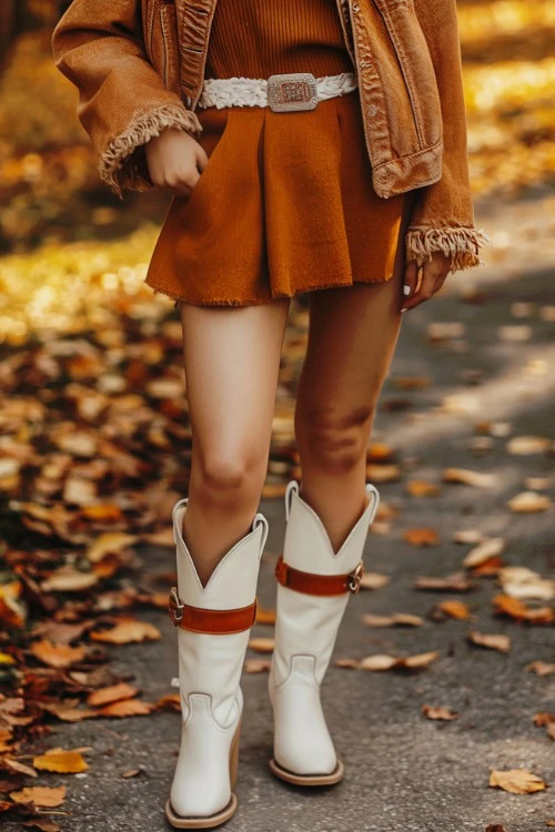 Orange Skirt, Fringed Jacket, White Cowboy Boots