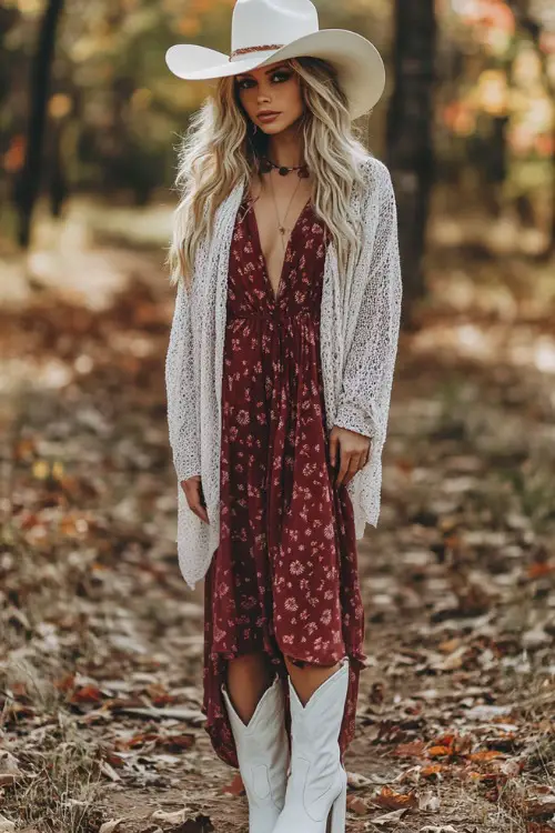 Flowy Boho-Style Dress, Oversized Cardigan, Cowboy Boots