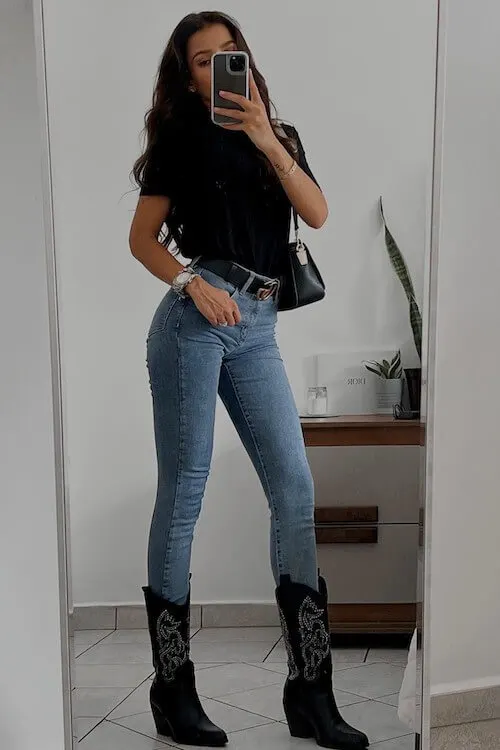 Tight Denim Jeans and Black Cowboy Boots