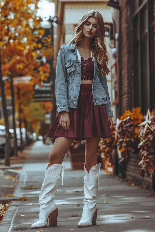 ark Red Sweater, Denim Jacket, White Cowboy Boots