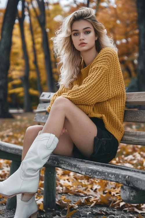 Yellow Sweater, Black Shorts, White Cowboy Boots