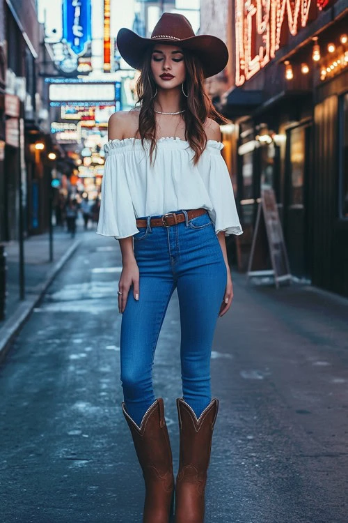 Brown Cowboy Boots With Skinny Jeans And A White Blouse