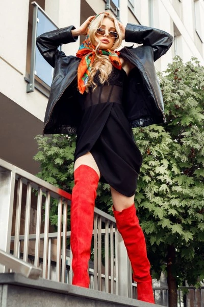 Red Cowboy Boots, Black Dress, Oversized Black Coat