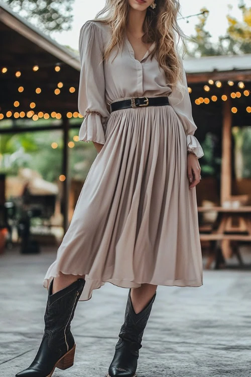 Blouse, Skirt, and Black Cowboy Boots