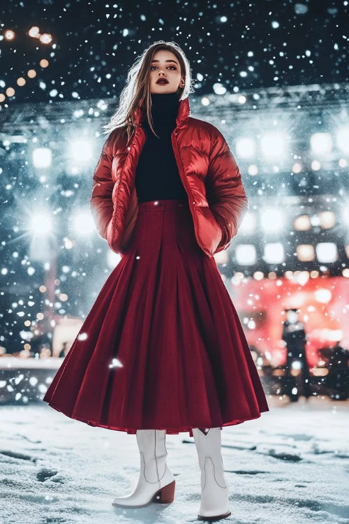 White Cowboy Boots, Wool-Blend Midi Skirt in Burgundy, Fitted Black Turtleneck, Puffer Jacket  