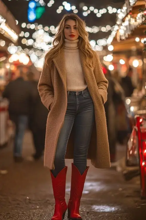 Cream Turtleneck, Camel Coat, Dark Wash Jeans, Bright Red Cowboy Boots