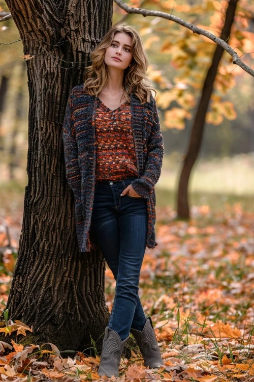 Cardigan, Jeans, and Grey Short Cowboy Boots