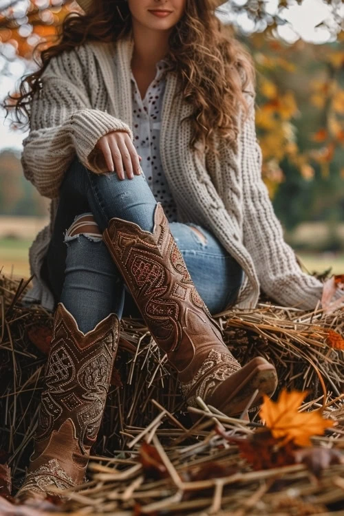 Ripped Jeans, Brown Cowboy Boots, and a Cardigan