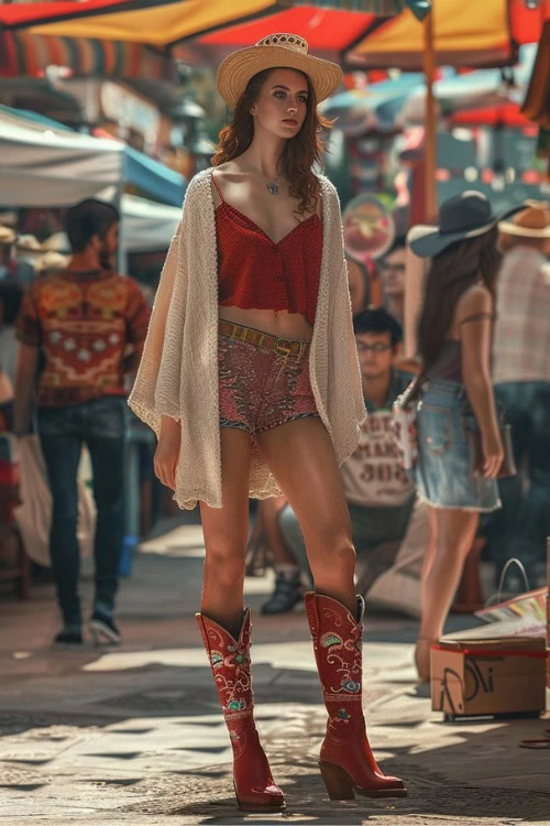 Red Cowboy Boots, Red Crop Top, Cardigan