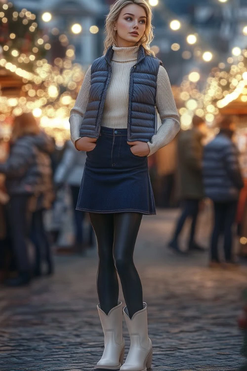 Short White Cowboy Boots, Dark Blue High-Waisted Denim Skirt, Black Tights, Cream Turtleneck, Puffer Vest  