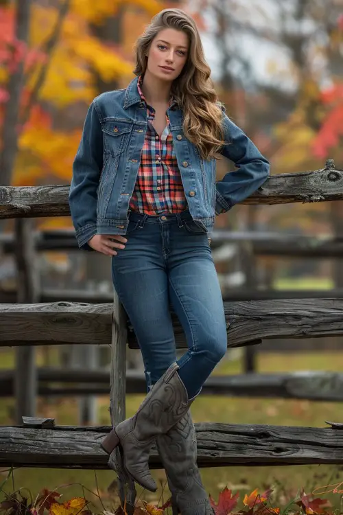 Suede Cowboy Boots, Jeans, Flannel Shirt, and Denim Jacket