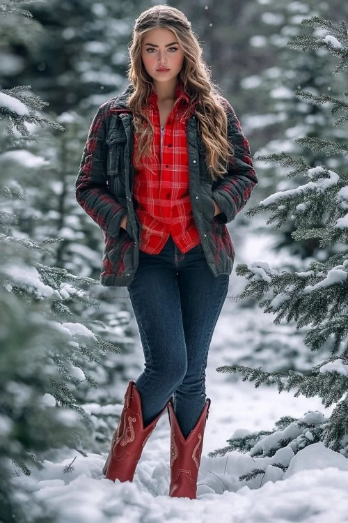 Quilted Red Flannel, Heavy Parka, Dark Jeans, Red Cowboy Boots  