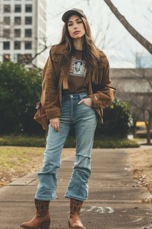 Jacket, Crop Flare Jeans, and Brown Cowboy Boots