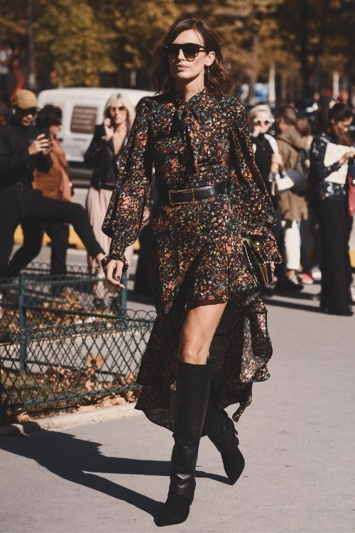 Floral Dress and Black Cowboy Boots