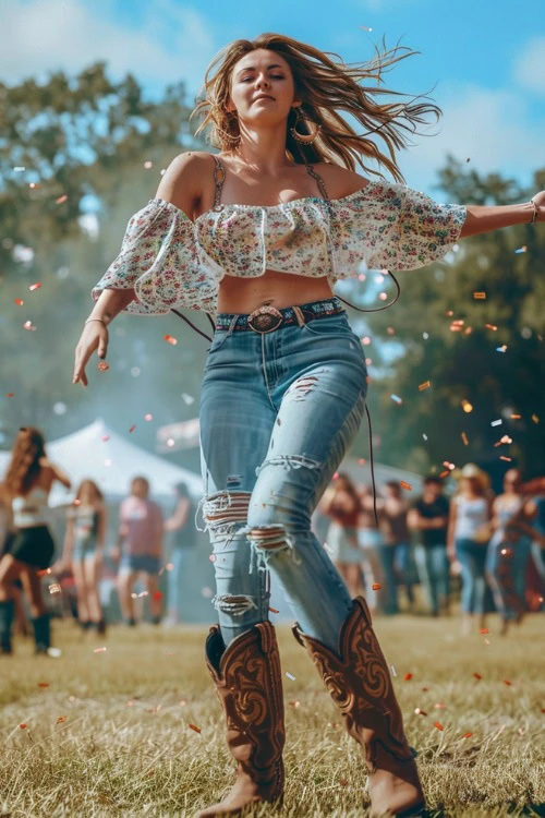 Ripped Jeans Tucked into Brown Cowboy Boots and a Floral Crop Top