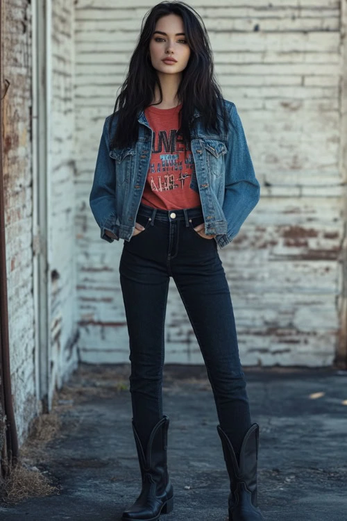 High-Rise Dark Wash Ankle Jeans, Black Short Cowboy Boots, Casual Graphic Tee, and Faded Denim Jacket 