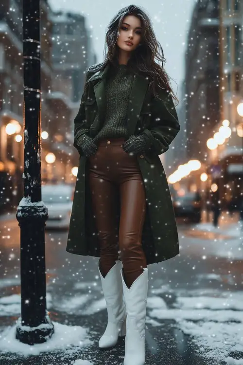 Short White Cowboy Boots, Leather Leggings, Oversized Olive Sweater, Long Trench Coat