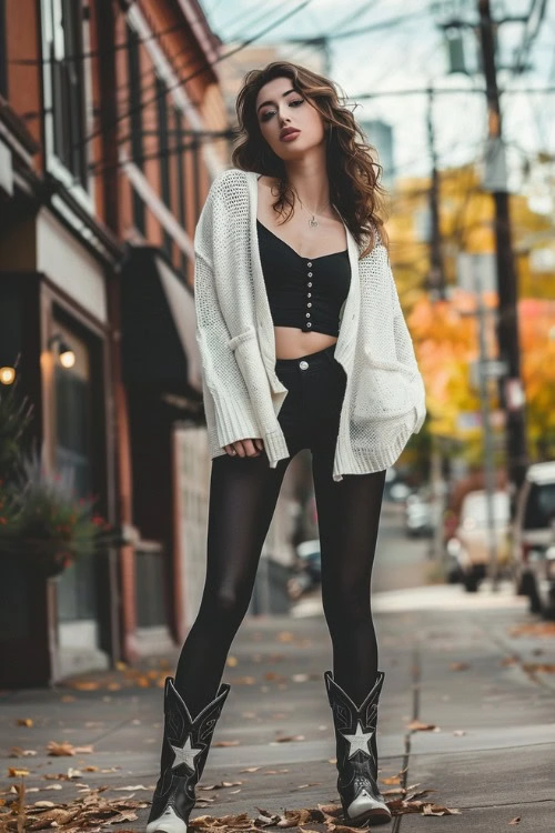 Leggings, Cardigan, Crop Top, and Black Cowboy Boots