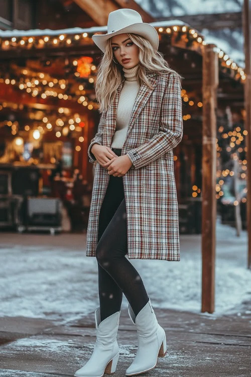 Short White Cowboy Boots, Black Leggings, Cream Turtleneck, Plaid Wool Coat, Matching Beanie