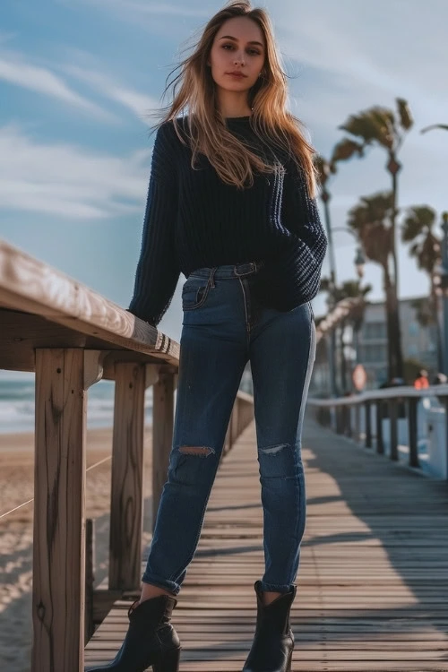 Navy Sweater, Ripped Jeans, and Black Ankle Cowboy Boots