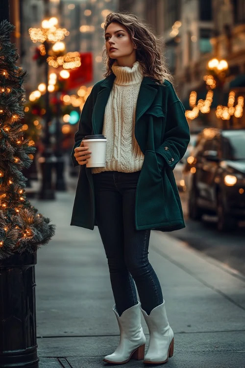 Short White Cowboy Boots, Dark Denim, Cream Oversized Cable-Knit Sweater, Tailored Green Peacoat  