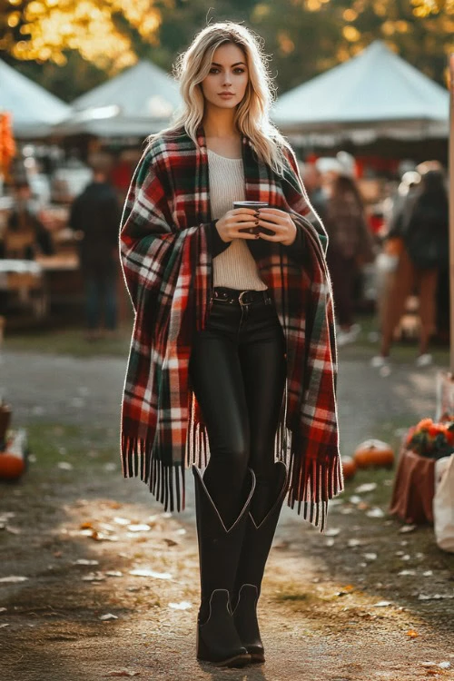  Plaid Shawl, Black Leggings, Black Cowboy Boots