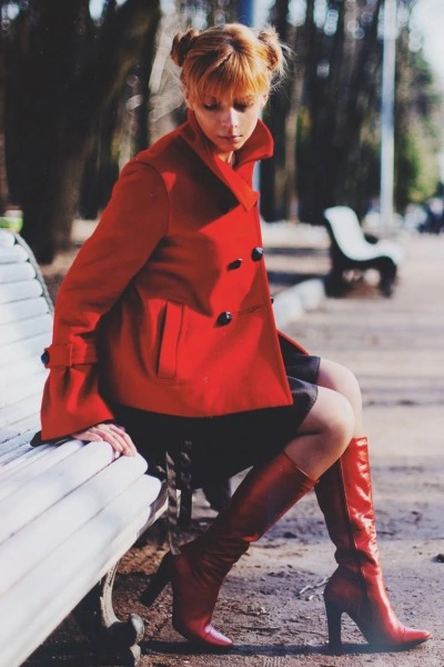 Red Cowboy Boots, Red Coat, Black Dress