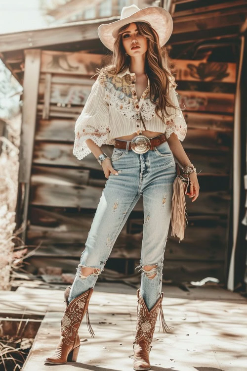 Brown Cowboy Boots, Ripped Jeans, Brown Leather Belt, and a Blouse