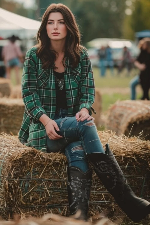 Black Cowboy Boots, Ripped Jeans, Black Top, and Plaid Shirt