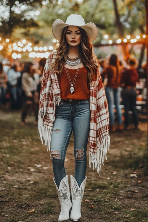 White Cowboy Boots, Ripped Jeans, Rust-Colored Top, Layered Necklaces, Plaid Shawl, and a White Hat