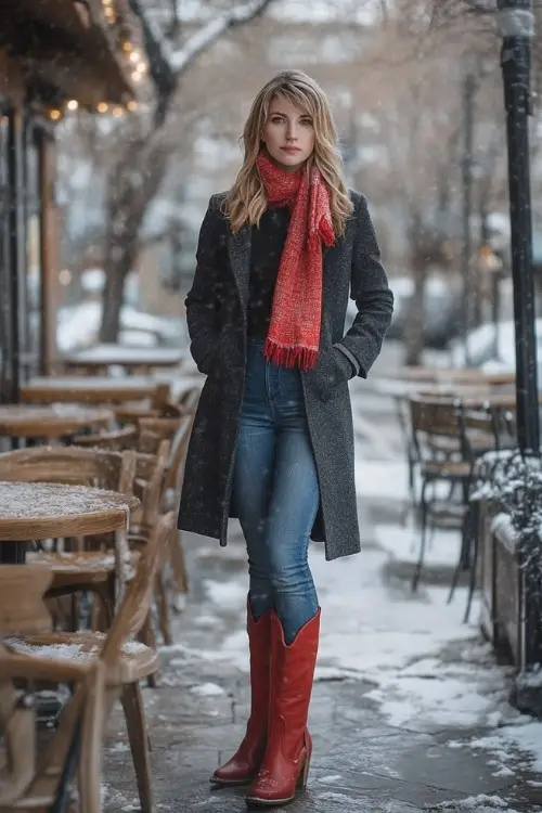 Dark Wool Coat, Warm Scarf, Jeans, Red Cowboy Boots