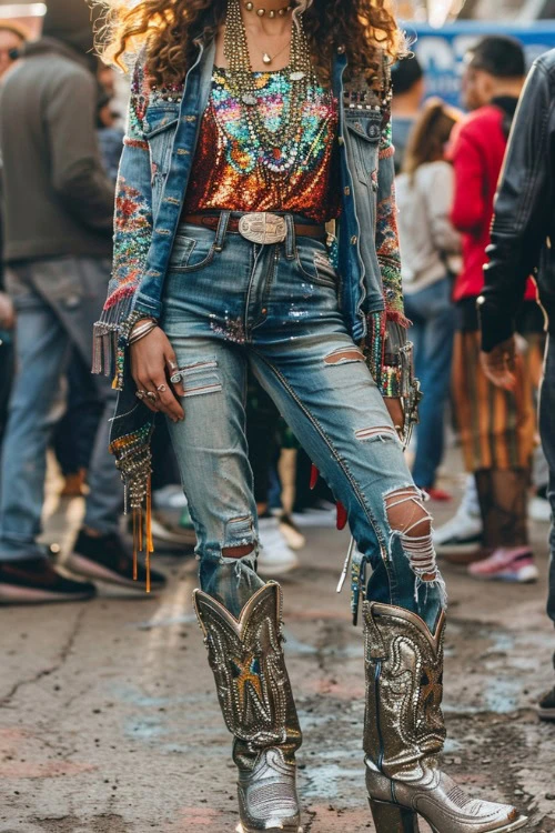 Silver Cowboy Boots, Ripped Jeans, Colorful Top, and Distressed Denim Jacket