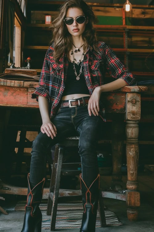 Black Cowboy Boots, Skinny Jeans, Plaid Coat, and Black Crop Top