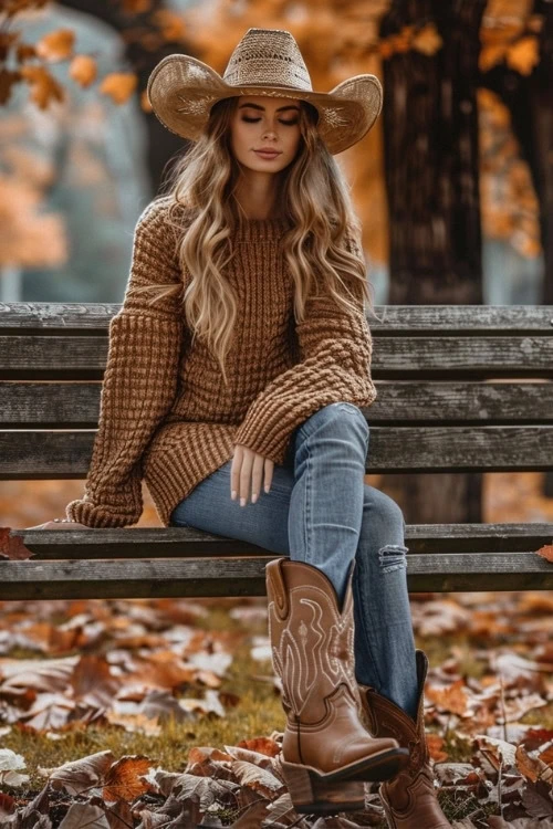 Brown Sweater, Jeans, and Brown Cowboy Boots