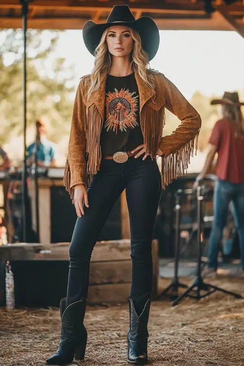 Black Top, Dark Jeans, Fringe Jacket, and Black Cowboy Boots