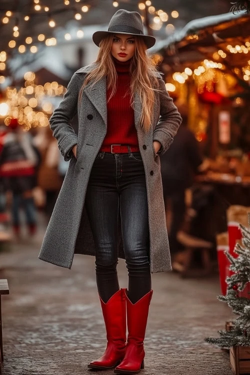 Gray Wool Trench Coat, Turtleneck, Black Jeans, Red Cowboy Boots