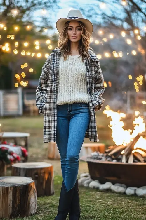 White Sweater, Plaid Coat, Jeans, and Black Cowboy Boots