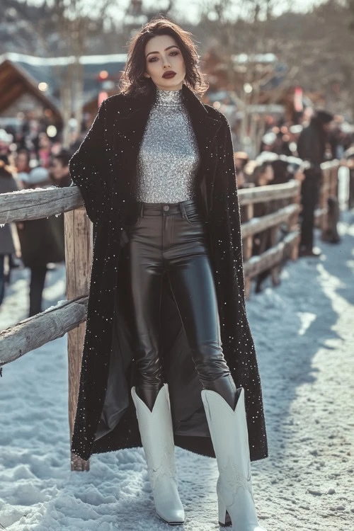 White Cowboy Boots, Black Leather Pants, Shimmery Silver High-Neck Top, Long Black Wool Coat  