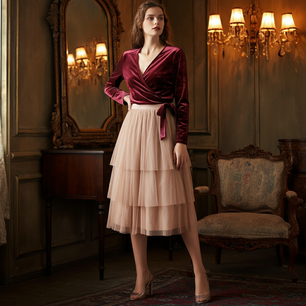 Photorealistic woman in velvet wrap top and tulle skirt