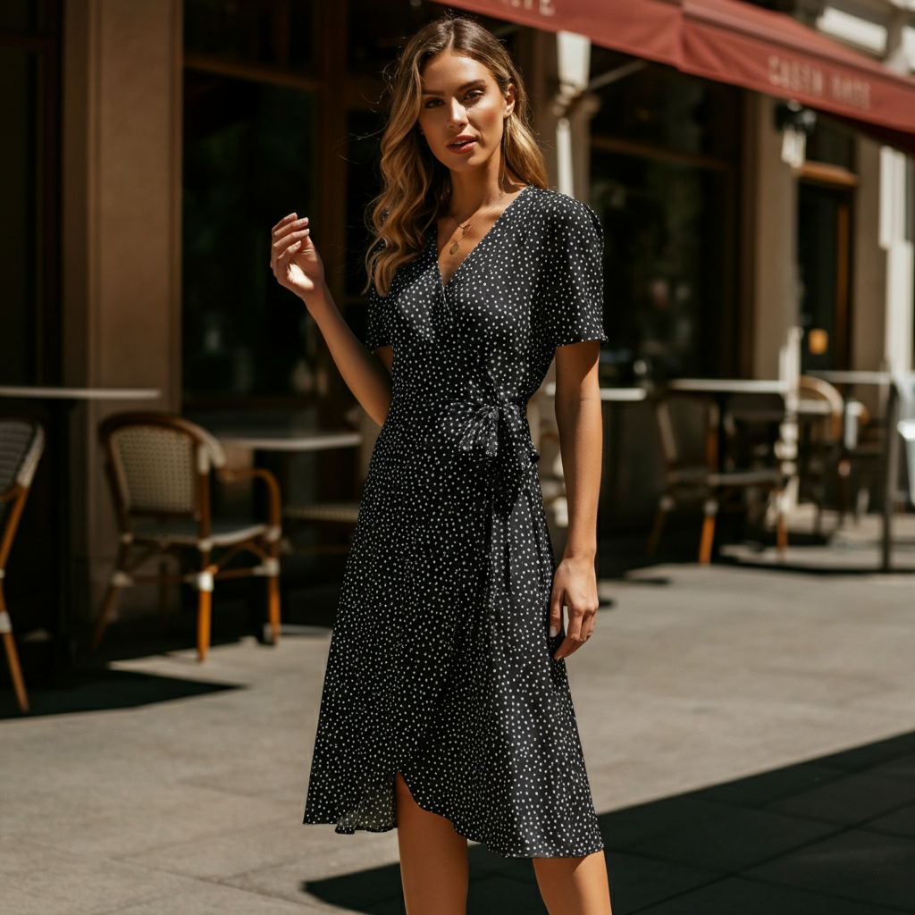 Woman in polka dot wrap dress
