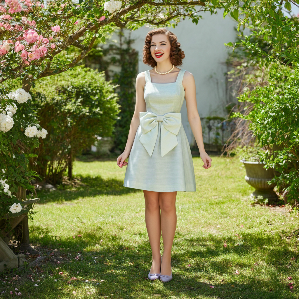 Girl in bow-adorned sundress and kitten heels