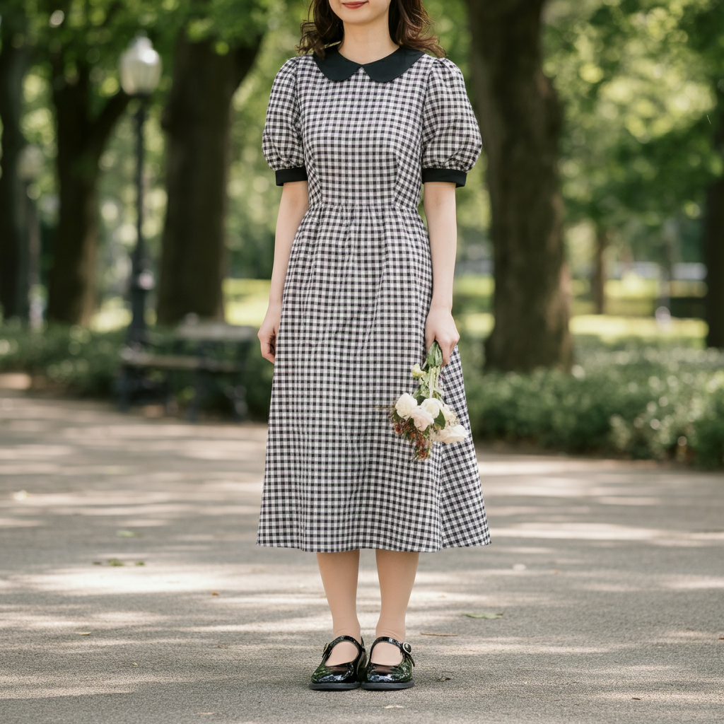 Photorealistic woman in gingham dress and Mary Jane shoes