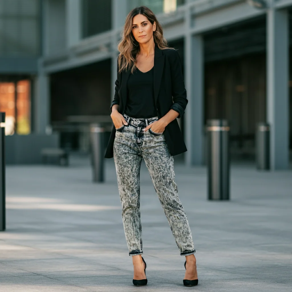 Acid-Wash Jeans with a Black Blazer
