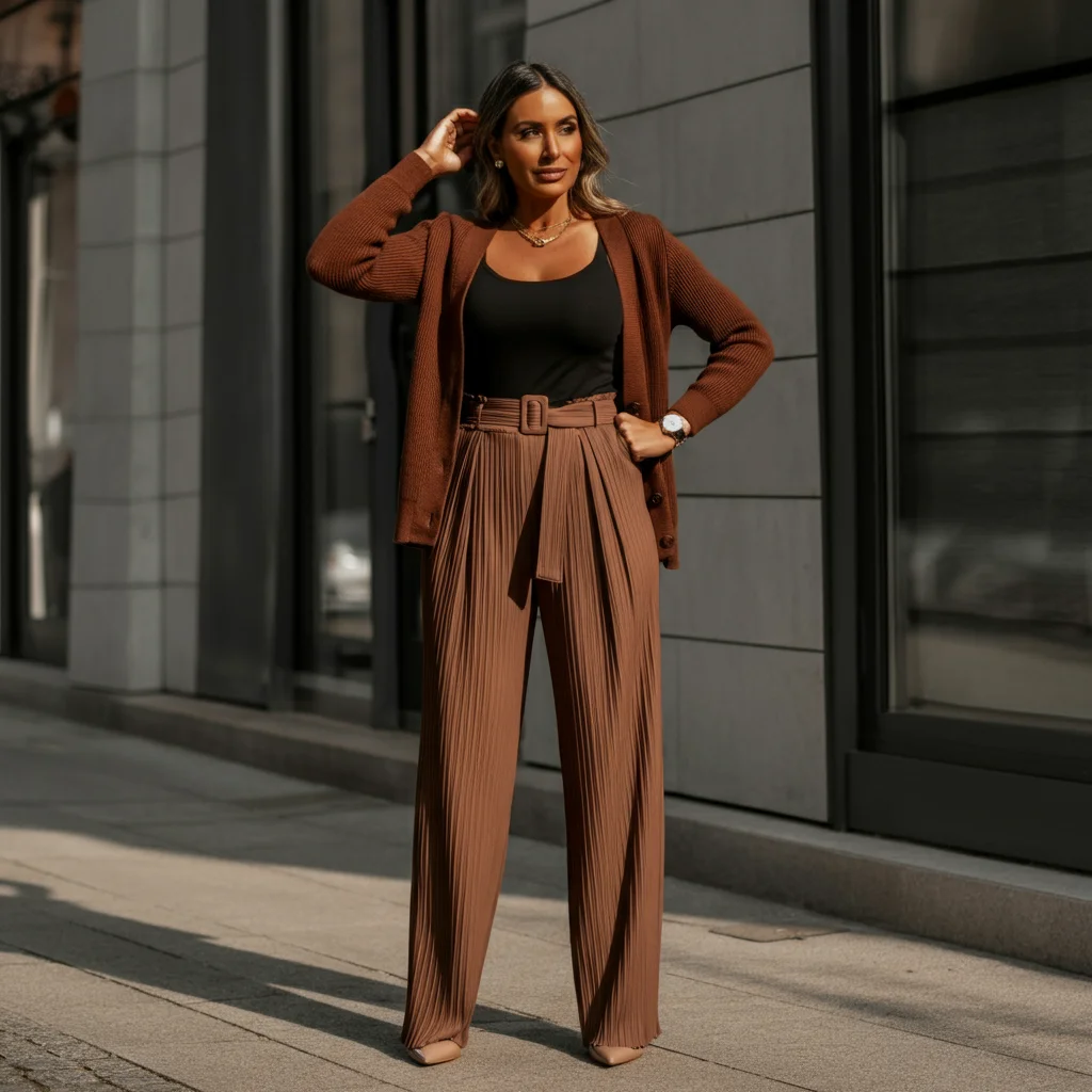 Belted Cardigan and Pleated Pants